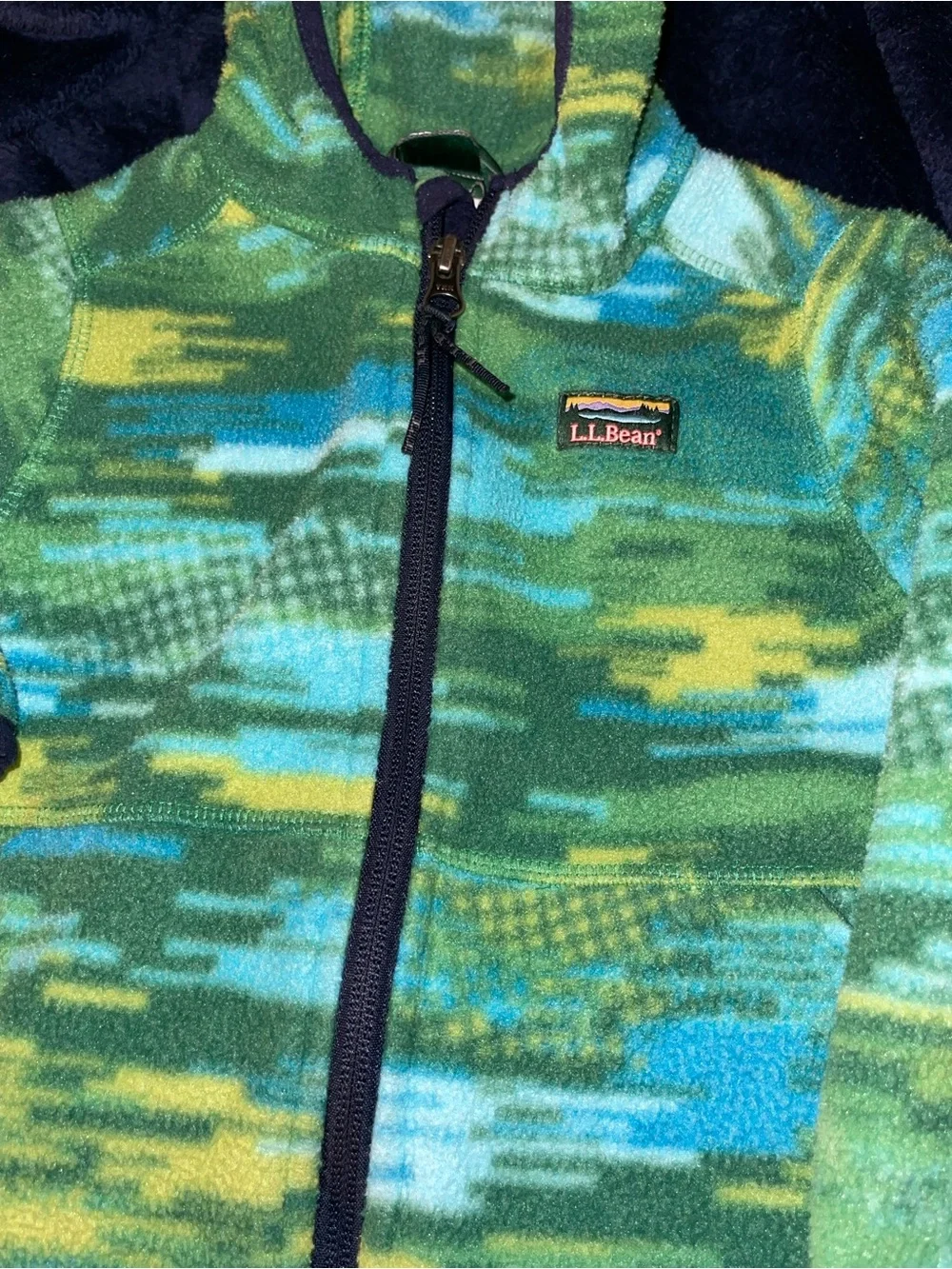 L.L.Bean Green, Blue & Yellow Patterned Fleece Jacket with Hood